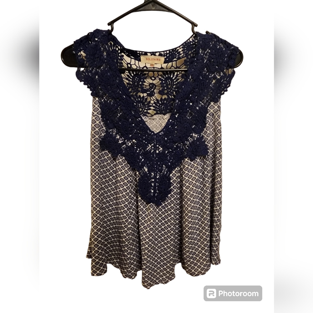 Solitaire Boho Printed Blue Flowy Sleeveless Top Blouse Large